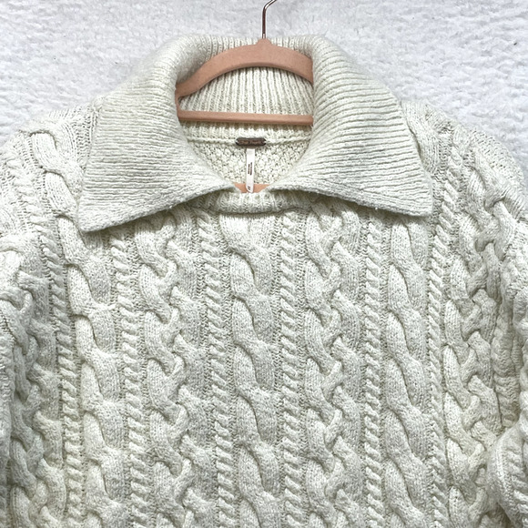 Free People Sweater Womens Medium Cream Every Cloud Cable Knit Collared Cozy - Picture 4 of 10